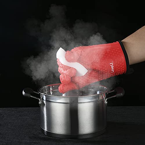 Image of Kitchen Oven Gloves - Silicone and Cotton Double-Layer Heat Resistant Oven Mitts /BBQ Gloves /Grill Gloves - Perfect for Baking and Grilling - 1 Pair (Small, Red)