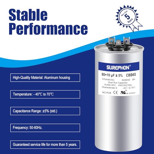 SUREPHON Capacitor de Corrida Cbb65 para Ac 80/10 Uf 80 + 10 Mfd Dual 370-440 Volts, Funciona para H