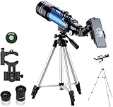 Viene con 2 oculares (6 mm y 25 mm), filtro lunar de transmisión del 13 por ciento, un adaptador de teléfono celular con lente barlow 1.5X, un visor de buscador, un trípode ajustable, etc., contiene los accesorios que necesita y permite cualquier posición de visualización