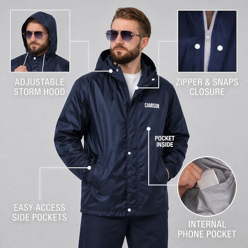 Image of Mens Raincoat Suit with Pant Set Emperor Series | Waterproof Lightweight Breathable Rain Wear | Strong Stitching, Elastic Cuff & Waterproof Zipper Raincoat for men waterproof