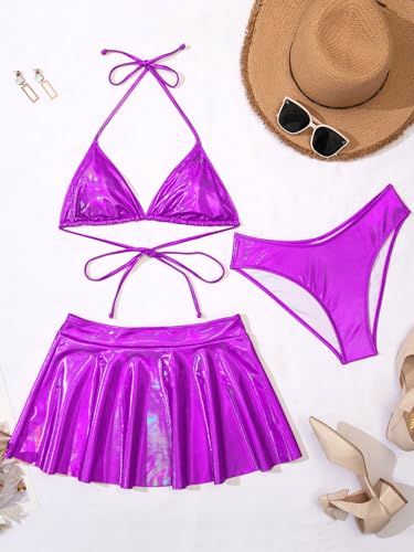 DaiLiWei Maillot de bain triangle 3 pièces pour femme - Bikini métallique - String - Jupe de plage sexy - Tenue de festival rave, violet foncé, Taille L – vue 6
