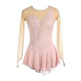 Maillot Patinaje Artístico Leotardo con Rhinestone y Cuello en V para Mujeres Adultos Vestidos de Ballet para Manga Larga Competición,Light Pink,L