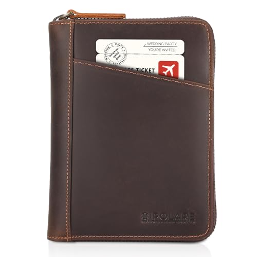 Polare Full Grain Leather Dual Passport Wallet and RFID Blocking Bifold Passport Cover Travel Document Organizer Holder 2 Passports (Dark Brown)