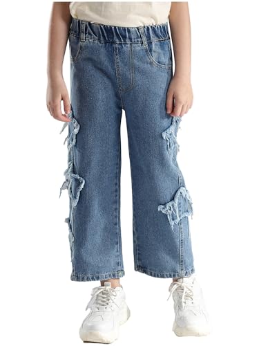 easyforever Kids Girls Frayed Star Patch Jeans Causal Washed Wide Leg Denim Pants Skateboarding Denim Trousers Bottoms