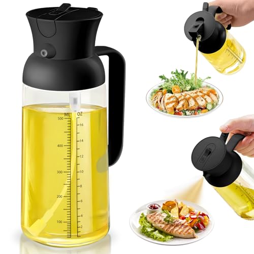 Spruzzino Olio per Friggitrice Aria, 2 in 1 Spruzzatore Olio da Cucina, 550ml Vetro Oliera Spray con Scala di Misurazione, Nebulizzatore Olio per Friggitrice Ad Aria, Insalata, BBQ, Grill (Nero)