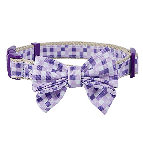 YUDOTE Collier pour chien en coton naturel doux et léger avec ruban à carreaux et nu009cud papillon amovible pour petit chien de 25 à 38 cm Violet