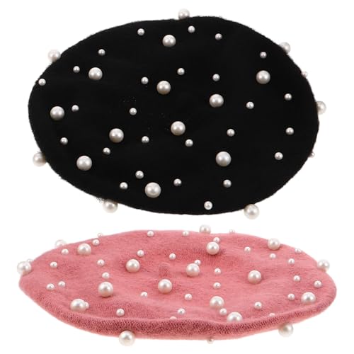 Béret hiver laine perles femmes lot 2 pièces noir rose respirant