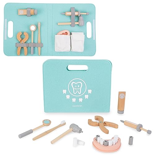 Mamabrum Maletín Médico Juguete Dentista de Madera con 11 Dientes, Mandíbula, Cepillo y Pasta Dental - Set Educativo Compatible con Plastilina Play-Doh para Niños - Juego de rol Dentista 28cm
