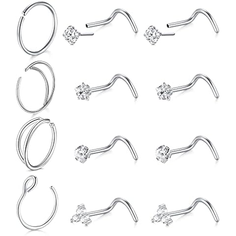 VFUN 20G Nose Stud Rings Stainless Steel Nose Screw Studs Women Nostril Piercing Jewellery Monn Nose Rings Hoop 12PCS Silver Cover