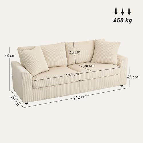 HOMCOM 3-Sitzer-Sofa, Couch mit Armlehnen, Zierkissen, Polstersofa mit Cordbezug, dick gepolstert, Loungesofa, bis 450 kg belastbar, für Wohnzimmer, Schlafzimmer, 212 x 80 x 88 cm, Cremeweiß – Bild 4