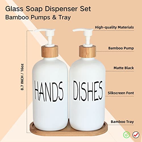 Image of Glass Soap Dispenser Set. Hand Soap and Dish Soap Dispenser with Bamboo Tray. Vintage Soap Dispenser with Pump for Kitchen Sink and Bathroom. Stylish Permanent Labels (Matte White)