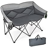 COSTWAY Campingstuhl für 2 Personen, Klappstuhl mit gepolstertem Sitz, Rückenlehne & Armlehnen, Getränkehalter, 226 kg Tragfähigkeit, klappbarer Angelstuhl Faltstuhl für Camping Picknick Angeln