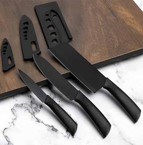 TREVIAH 3 PCS Kitchen Knife Set Stainless Steel with Printed Blade and Purple Handle (Black)