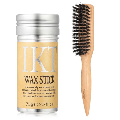スリックバックヘアブラシ&ヘアワックススティックセット ? 滑らかなフライアウェイ、縮れ、赤ちゃんの髪、洗練されたポニーテールバンズ、エッジ&コントロールスタイリングのためのイノシシ毛ブラシ