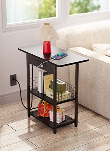End Table With Charging Station, 25.5” Sofa Side Table With Usb Ports And Outlets, Narrow Nightstand With Fabric Drawer, Slim Bedside Table With Storage For Living Room Bedroom Home Entryway, Black #TOP2
