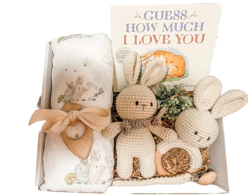 Baby Bunny Gift Box with Swaddle Blanket and Book - Handmade Organic Cotton Crochet Bunny Rattle and Toy. Baby Gift Set, for girls, newborn