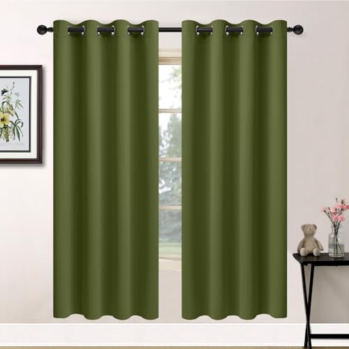 Yakamok Olive Green Blackout Curtains-Room Darkening Green Thermal Insulated Grommet Set of 2 Drapes for Bedroom Living Room, 52W x 72L,2 Panels