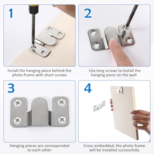 Image of 4 Pairs Flush Mount Bracket, Stainless Steel Interlocking Hanging Buckle Silver Heavy Duty Photo Frame Hook Interlocking Furniture Connector for Art Gallery Wall Mount Hardware