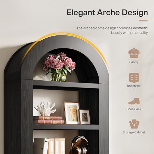 Image of Tribesigns 70.9'' Tall Arched Bookshelf with Storage, 5-Tier Wooden Open Bookcase Display Shelves Organizer for Living Room, Bedroom, Library, or Office, Black, 2PC