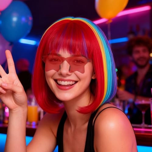 Image of ANOGOL Hair Cap + (Sunglasses) Rainbow Bob Wig with Bangs Womens Party Wigs with Star-Shaped Glasses Short Neon Wig Daily Party Fun Wigs Women Halloween Costume Bachelorette Hair