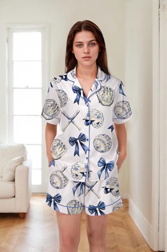 Image of SHESHOW Pajamas for Women Set Satin Button Down Short Sleeve Top and Shorts Pjs Sets Sport Ball Print Sleepwear XS-XXL