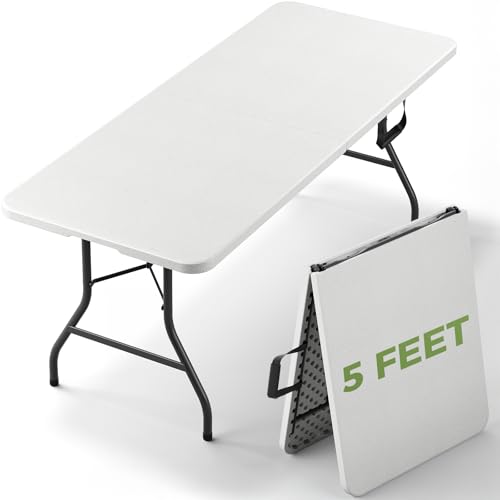 MAKE CHANGES Folding Table 5 FT Foldable Plastic Table with Carrying Handle Heavy Duty Portable Fold-in-Half Utility Table for Party Camping Banquet Craft Wedding Indoor & Outdoor Use