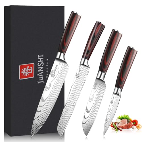 JUANSHI® 4-teiliges Messer Set – Profi Küchenmesser Set aus hohe Qualität Edelstahl, scharfe Klingen, inklusive Santoku, Kochmesser, Brotmesser...