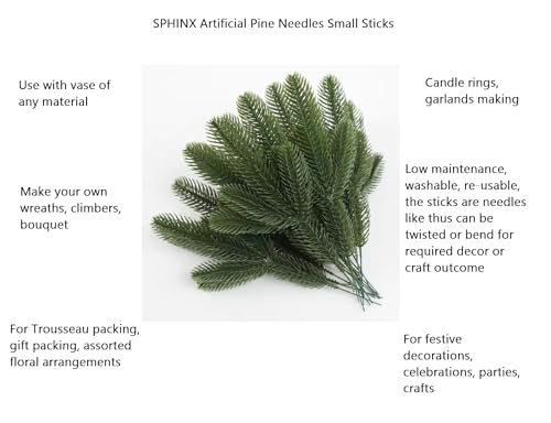 Image of SPHINX Artificial Pine Sticks Branches 26 cm - Green Pine Needles for Home Decor, Festival Decor, Celebrations, Trousseau Packing, Gift Packing, Tray & Basket Decoration, DIY Crafts (10, Green)