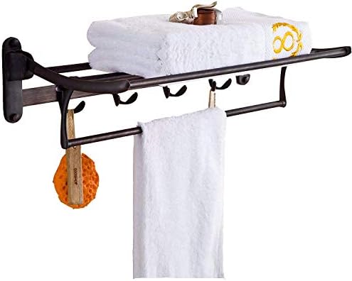 ELLO&ALLO Oil Rubbed Bronze Towel Racks for Bathroom Shelf with Foldable Towel Bar Holder and Hooks Wall Mounted Multifunctional Rack