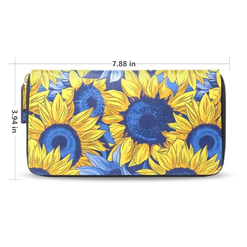 Long Wallets Leather Bifold Wallet for Women Sunflowers Blue with Zipper Credit Card Holder Large Capacity2