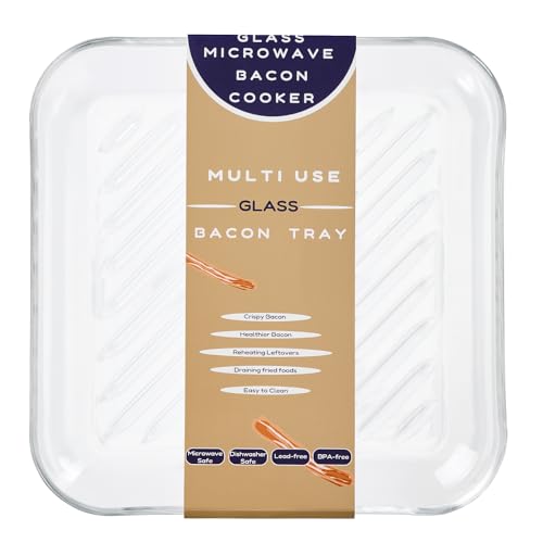 Glolaurge Glass Microwave Bacon Cooker, 10-Inch Square Bacon Tray for Microwave Oven, Lead-Free...