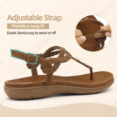 Image of UBFEN Womens Flat Sandals T-Strap Thong Sandals with Arch Support | Braided Upper, Lightweight, Comfortable for Walking, Flip Flop with Back Elastic Strap