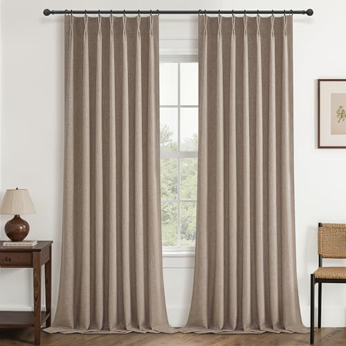 Image of QJmydeco Dark Flax Blackout 105 Inch Long Boho Living Room Curtains 2 Panels Set, Pinch Pleated Floor to Ceiling Farmhouse Heavy Curtain for Bedroom Darkening Thermal Linen Drapes 40 inch Wx105 L