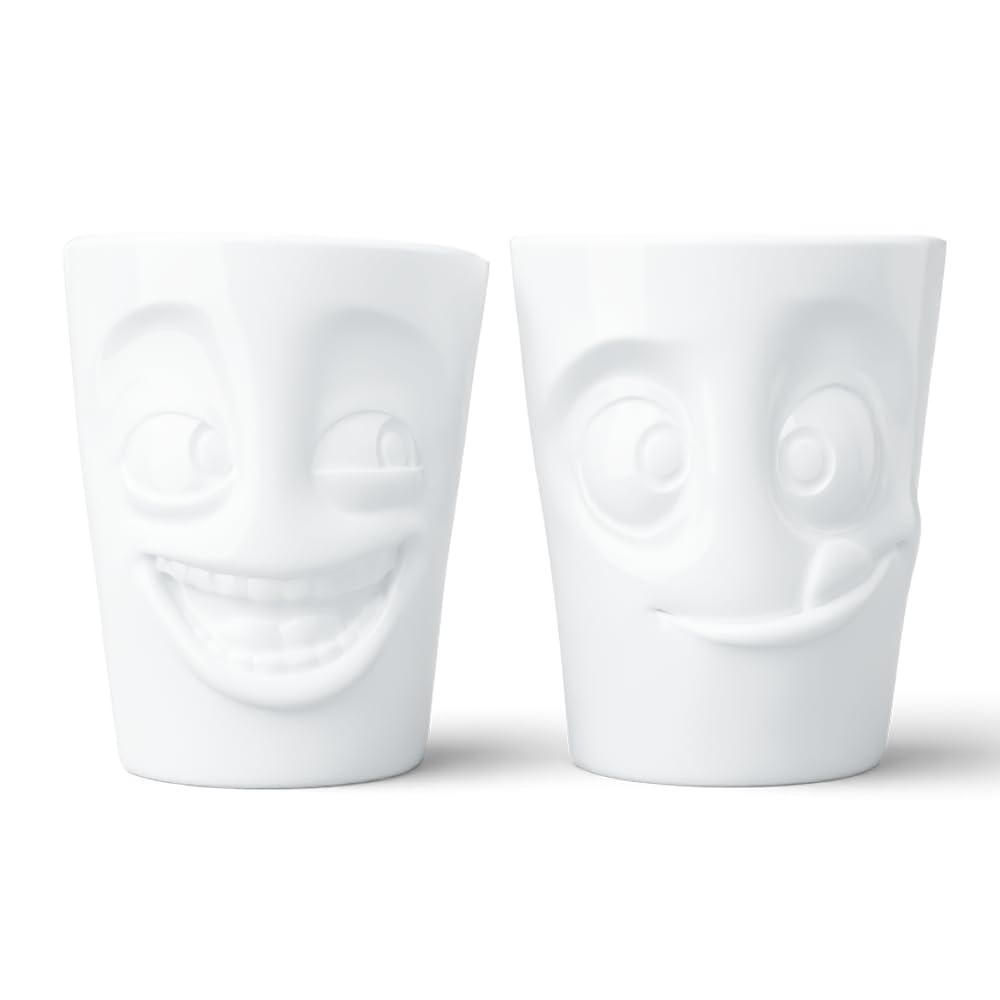 FIFTYEIGHT PRODUCTS TASSEN Porcelain Mug Set No. 3, Laughing & Tasty Face, 11 oz. White (Set of Two Mugs, No Handles)
