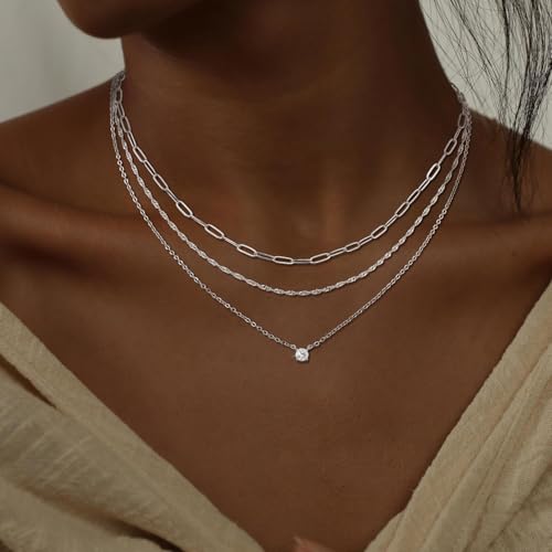 CHESKY Layered Silver Necklaces for Women Trendy,Streling Silver Dainty Stackable Charm Necklace for Womens Layering Paperclip Tennis Rope Chain Diamond Pendant Necklaces Jewelry Set for Women Gifts2