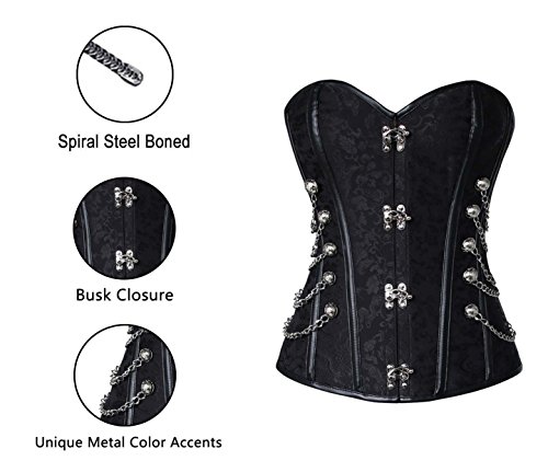 Charmian Women's Steampunk Gothic Spiral Steel Boned Brocade Waist Cincher Overbust Corset With Chains Black Large #TOP4