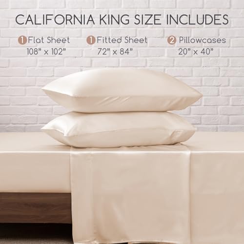 Image of MR&HM Satin Bed Sheets, California King Size Sheets Set, 4 Pcs Silky Bedding Set with 15 Inches Deep Pocket for Mattress (California King, Beige)