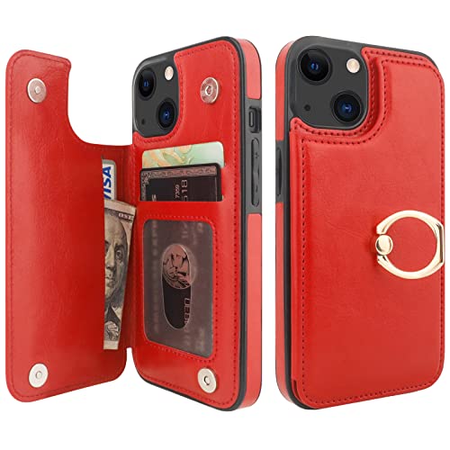 Étui portefeuille iPhone 13 rouge avec béquille anneau 360° et porte-cartes