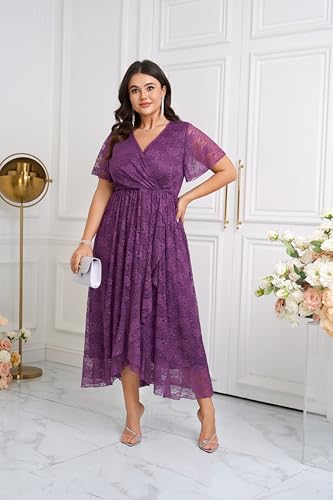 Image of SCOMCHIC Womens Plus Size Wedding Guest Dress Formal Lace Wrap V Neck High Low Short Sleeve Cocktail Maxi Dresses XL-4XL