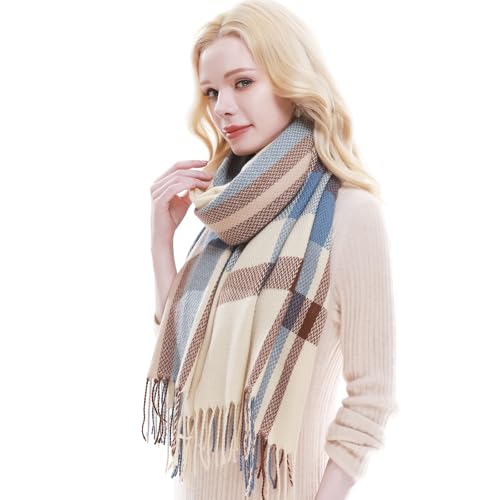 RIIQIICHY Plaid Scarf for Women Fall Winter Pashmina Scarves Wraps for Cold Weather Warm Large Light Camel/Blue/Brown