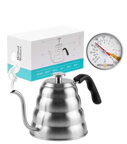 Barista Warrior Gooseneck Kettle for Pour Over Coffee and Tea with Thermometer for Exact Temperature, Precision Pour Drip Spout, Stainless Steel, Compatible with all Stove Tops (1.2 Liter, 40 fl oz)