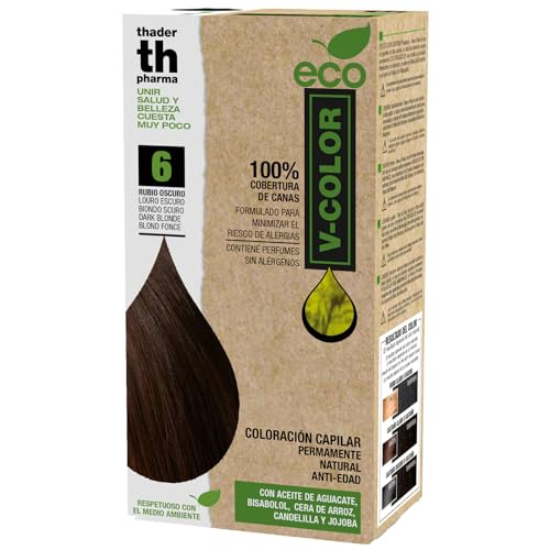 Thader Th Pharma ECO V-Color Kit de Coloración Capilar Permanente sin amoniaco 100% cobertura de canas, 120 ml (No. 6 Rubio oscuro)