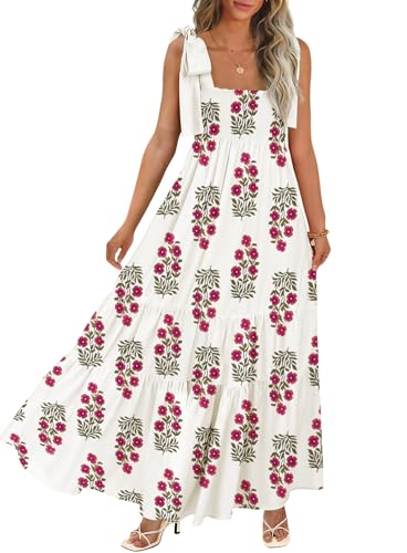 Image of CURBODO Women's Summer Maxi Dress Boho Spaghetti Straps Casual Long A-line Smocked Beach Dress Square Neck Flowy Sun Dress
