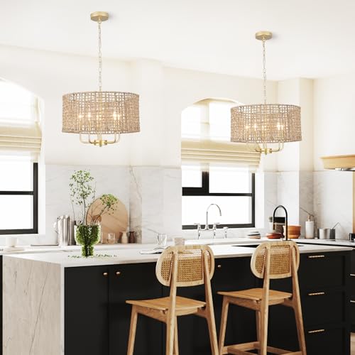 Rattan Woven Boho Chandelier Light Fixture for Dining Room 5 Light, 19'' Gold Hand Woven Drum Wicker Light Fixture Ceiling Hanging, Coastal Rattan Pendant Light for Living Room Entryway Bedroom - Image 3