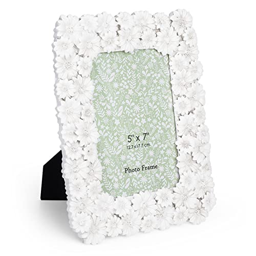 Guoer 5X7 Flower Textured Hand-Crafted Resin Picture Frame With Easel & Hook For Tabletop & Wall Display, Decorative Floral Design Home Décor, Photo Gallery, Art (White Daisy) #TOP20