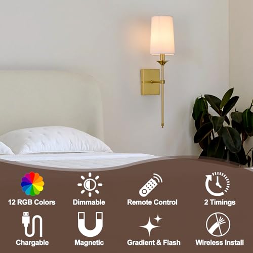 Image of Battery Operated Wall Sconce Set of 2,Cordless Rechargeable Wall Light with RGB Dimmable Bulb and Remote,15 Colors Adjustable,Easy Install No Wiring