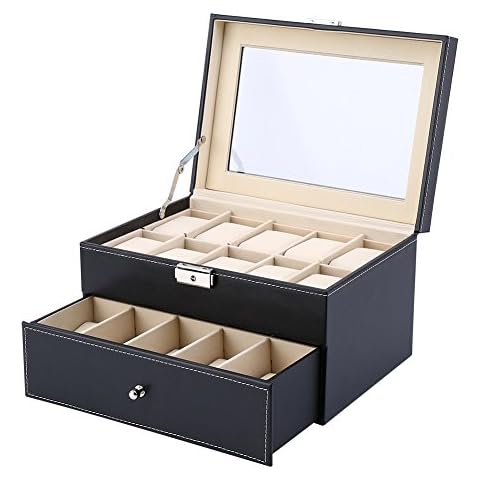 Caja de reloj de madera para 12 relojes con exterior de piel sintética Cover