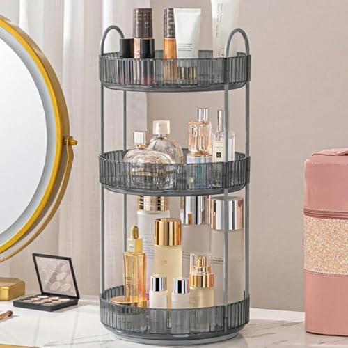 Image of JD FRESH 360 Degree Rotating Makeup Organizer 3 Layer Cosmetic Storage Box Vanity Stand with Drawers for Lipsticks Skincare Perfume Bathroom Countertop Dressing Table Organizer (Light Grey)