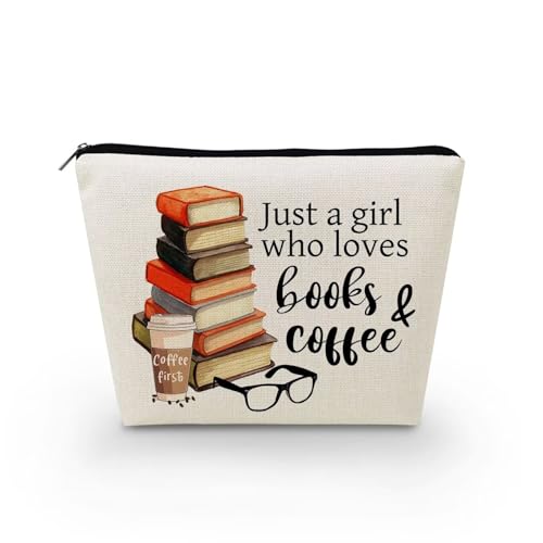 Livel lhood Just Love Books And Coffee Makeup Bag Canvas Organizer Zipper Pouch Simple Books Coffee Cosmetic Bag Present for Coffee Lovers Bookworms Women