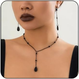 Gothic Blood Drop Necklace Earrings Set for Women Vintage Vampire Blood Drop Y-Shaped Necklace Goth Vampire Drop Dangle Earrings Dark Style Black Red Crystal Jewelry Set for Women